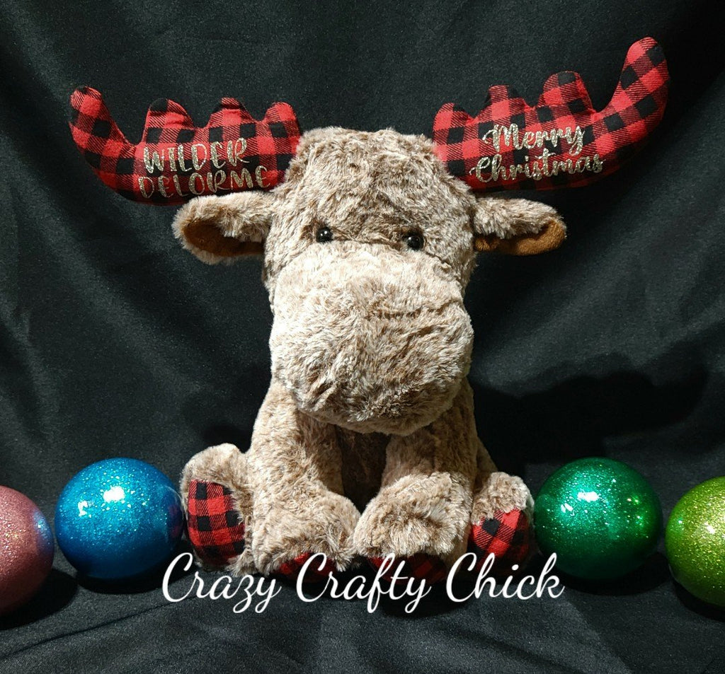 Personalized plush moose with name on antlers