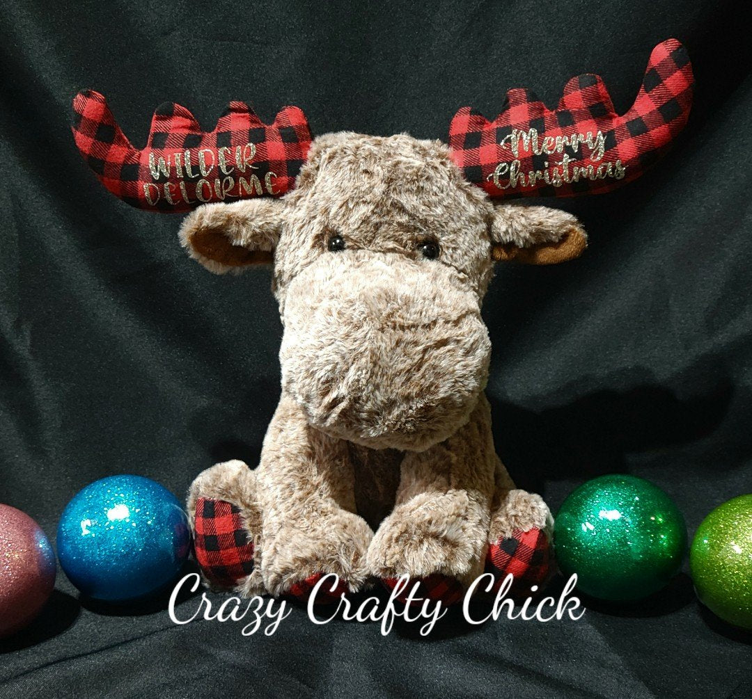 Personalized plush moose with name on antlers