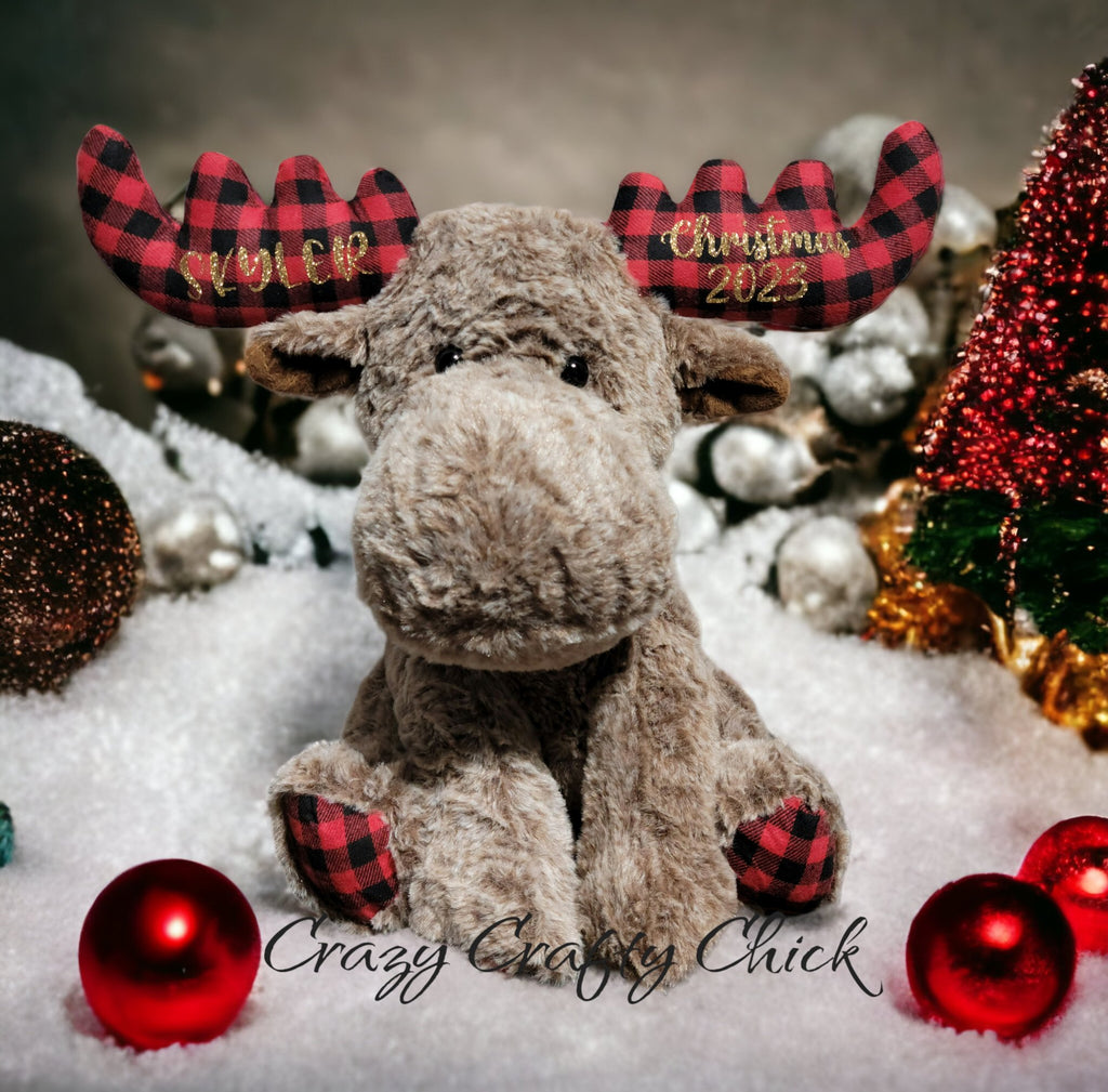 Personalized plush moose with name on antlers