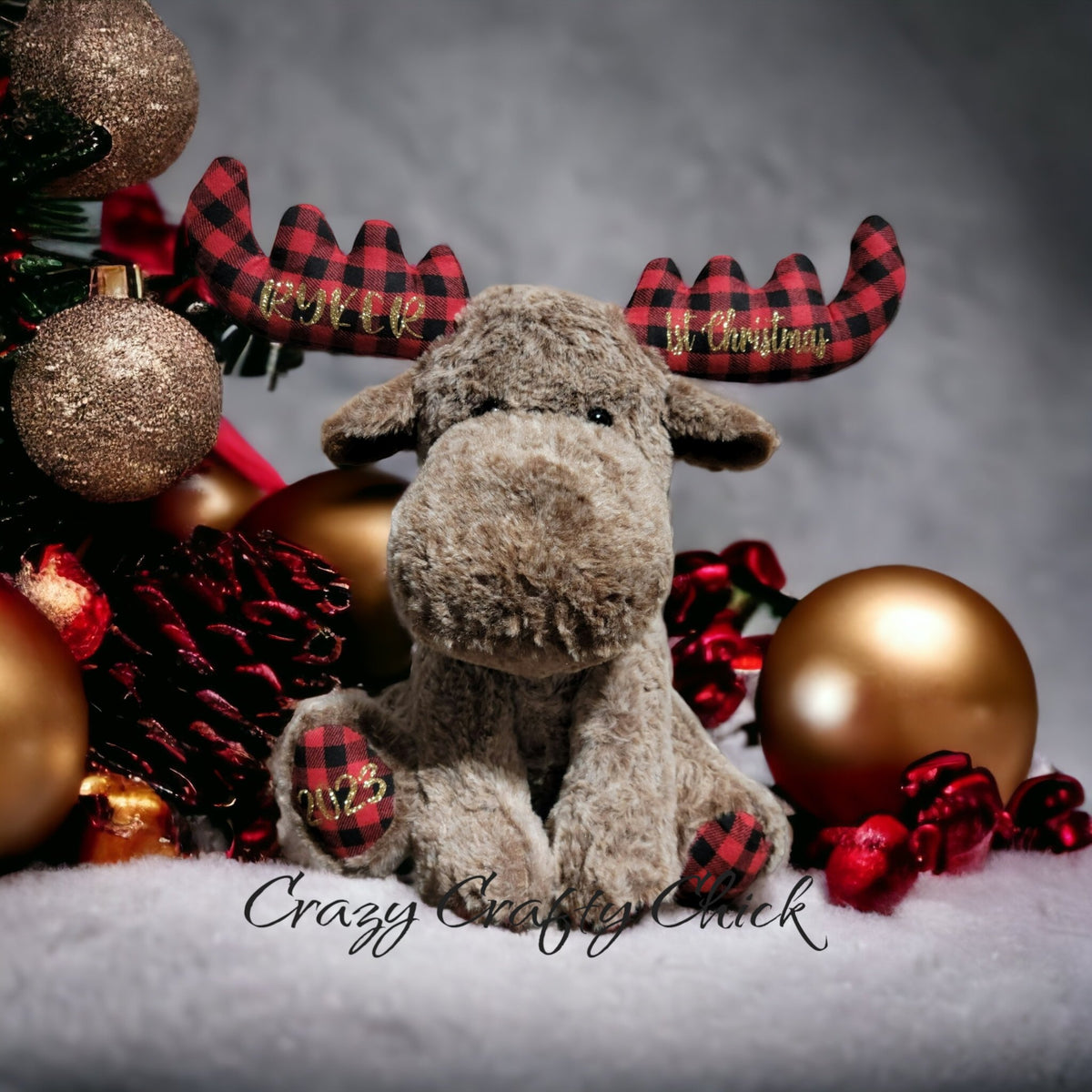 Personalized plush moose, first Christmas
