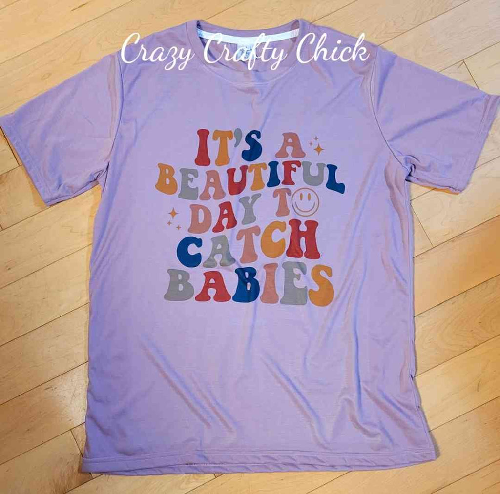 Custom retro 'beautiful day to catch babies' t-shirt in lavender