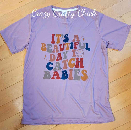 Custom retro 'beautiful day to catch babies' t-shirt in lavender