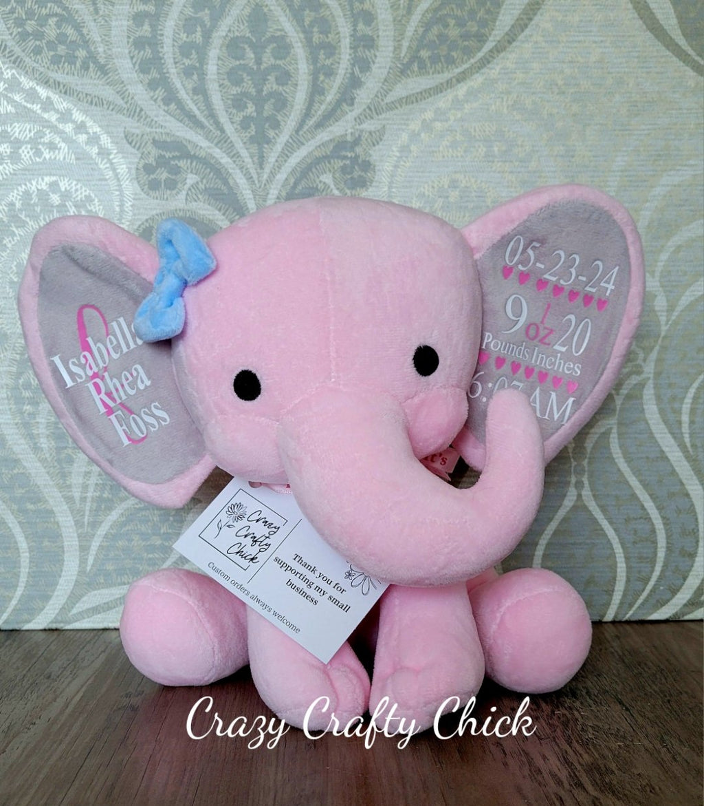 Pink birth stat elephant with baby name and birth details