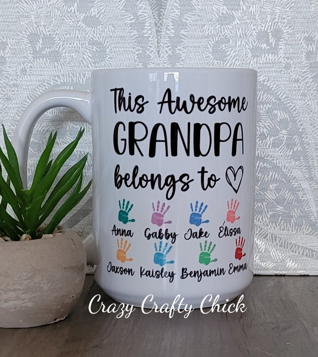 Personalized grandpa mug with grandkids handprints and names