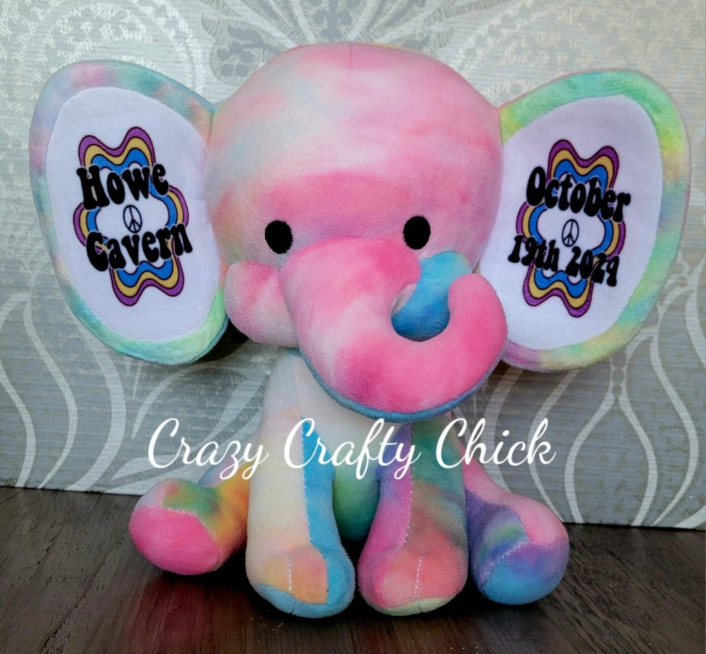 Tie dye birth stat elephant with baby name and birth details