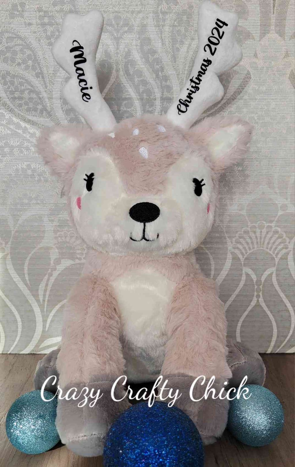 Personalized plush reindeer with name on antlers