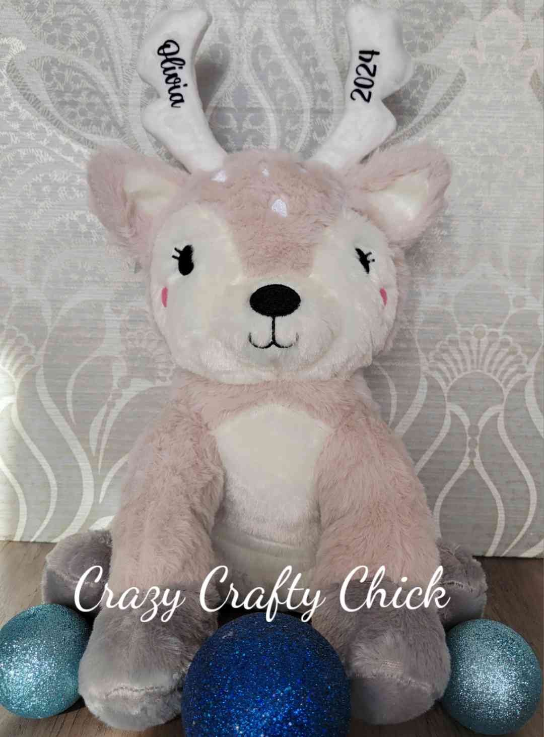 Personalized plush reindeer with name on antlers