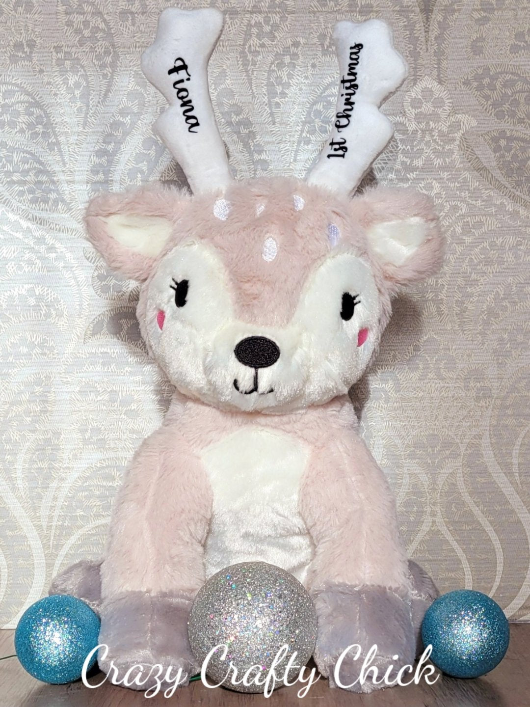 Personalized plush reindeer with name on antlers