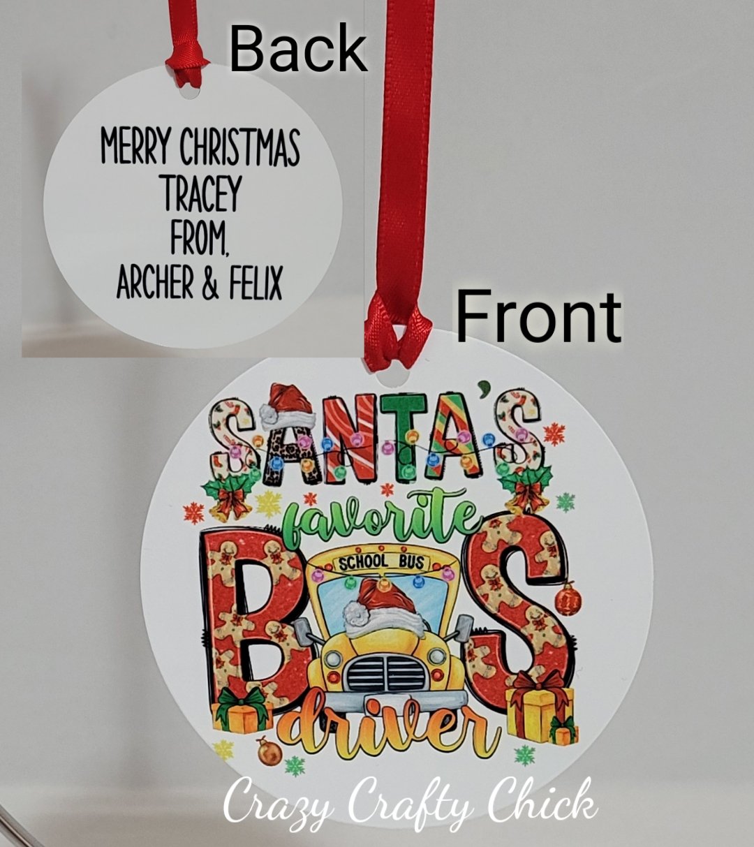 Santa's Favorite Bus Driver personalized ornament front and back