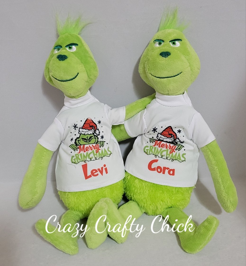 Grinch plush pair with personalized Merry Grinchmas shirts
