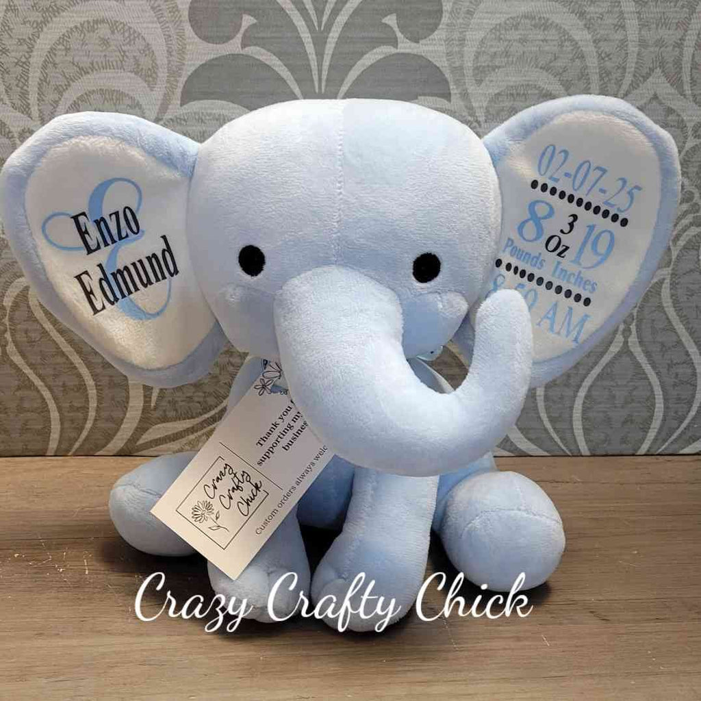 Blue birth stat elephant with baby name and birth details