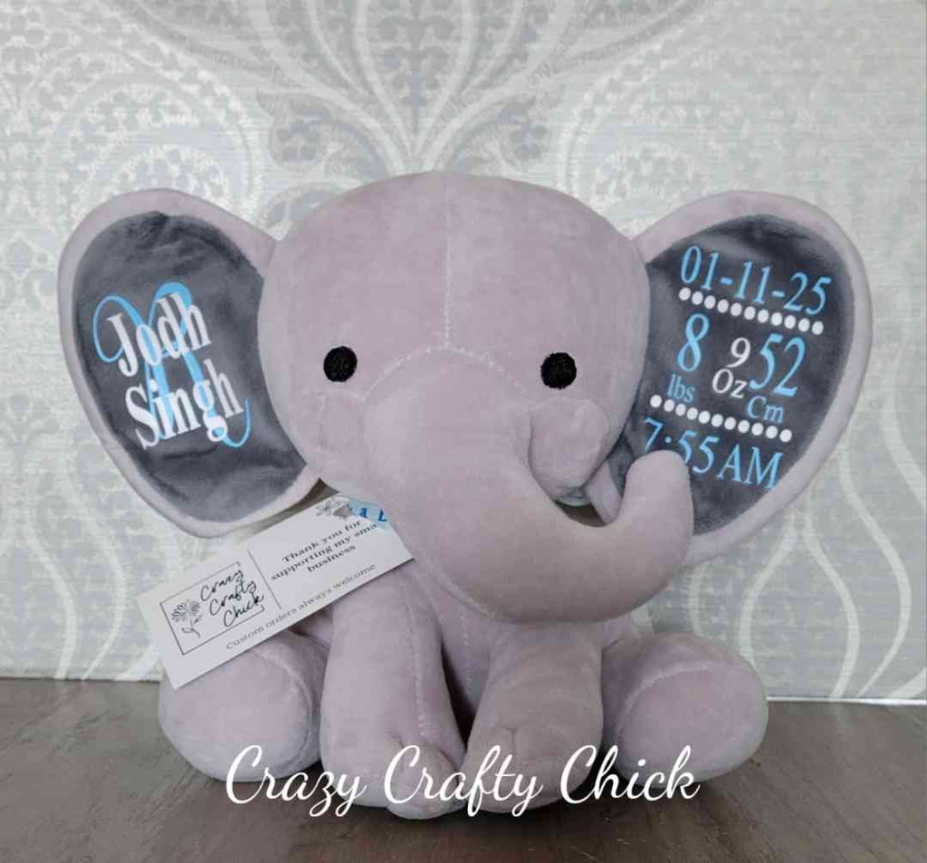 Grey birth stat elephant with baby name and birth details
